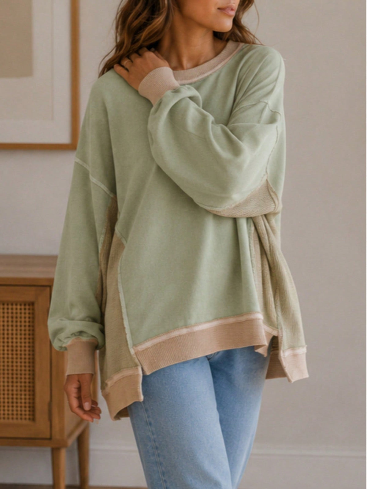 Boho Retro 90's Cotton Solid Patch Oversized Textured Knit Top Sweat Shirt Pullover