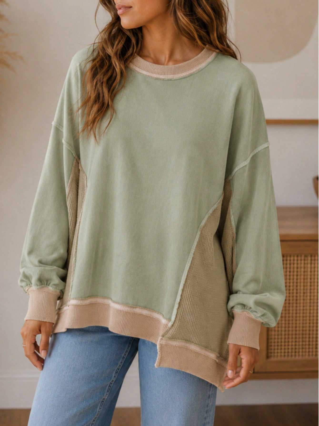 Boho Retro 90's Cotton Solid Patch Oversized Textured Knit Top Sweat Shirt Pullover