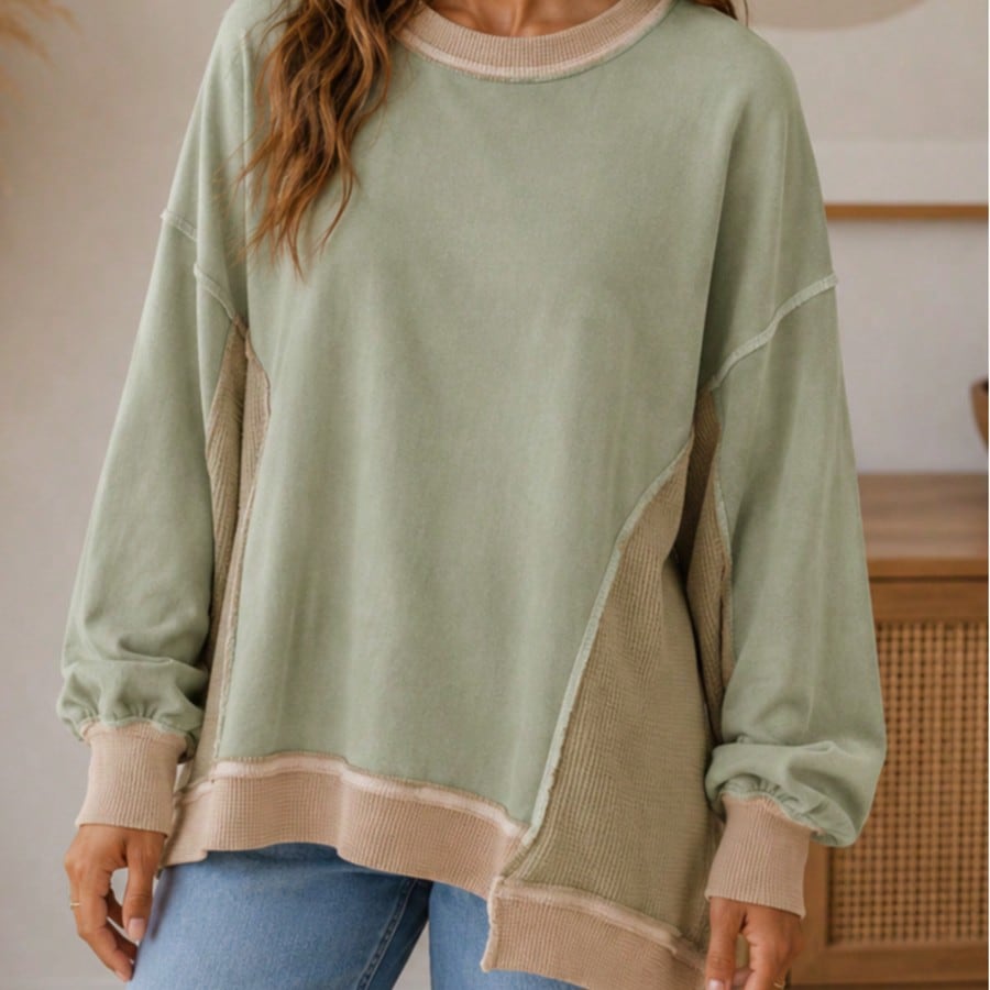 Boho Retro 90's Cotton Solid Patch Oversized Textured Knit Top Sweat Shirt Pullover