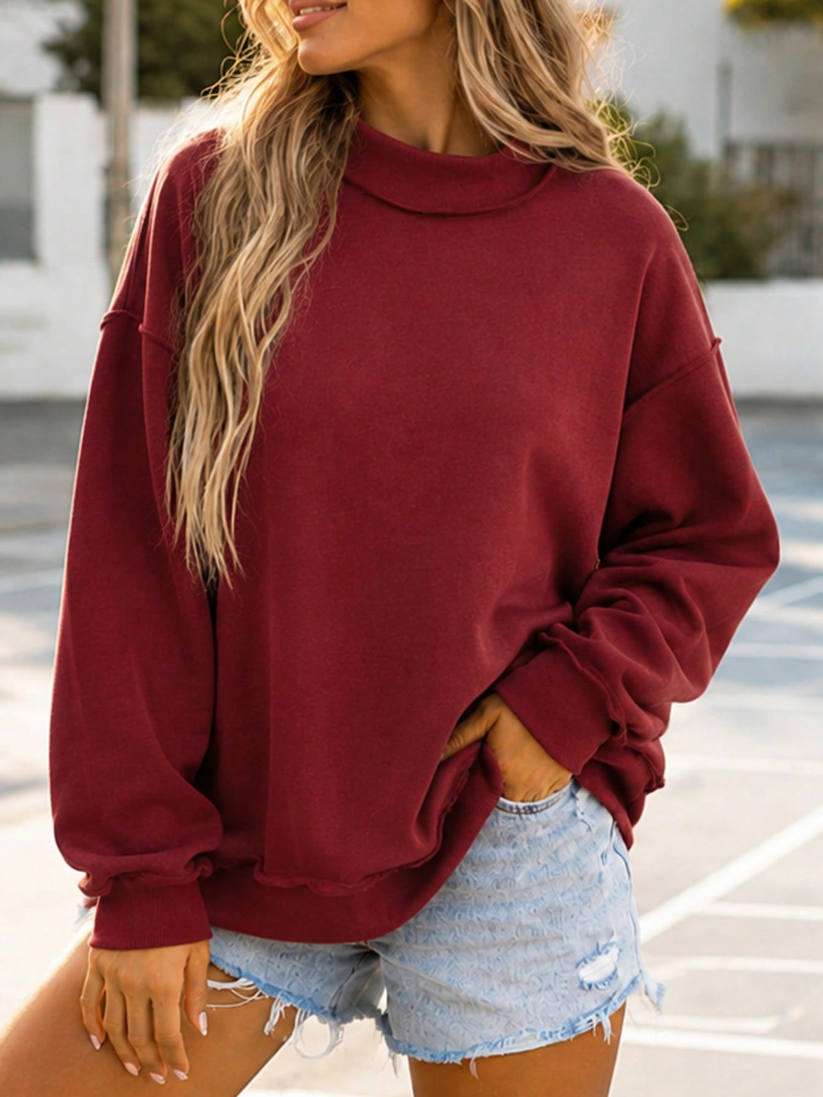 Boho Retro 60's Cotton MixOversize Drop Shoulder Reversible Mock Neck Sweatshirt
