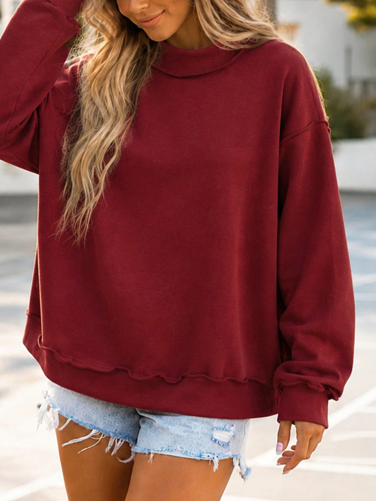 Boho Retro 60's Cotton MixOversize Drop Shoulder Reversible Mock Neck Sweatshirt