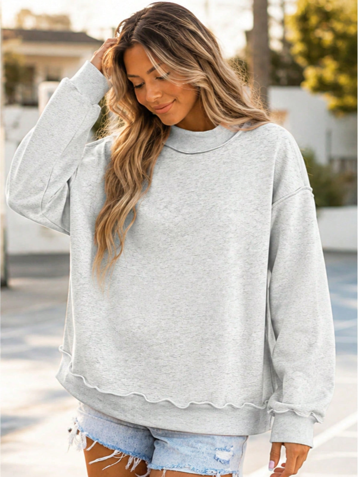 Boho Retro 60's Cotton MixOversize Drop Shoulder Reversible Mock Neck Sweatshirt