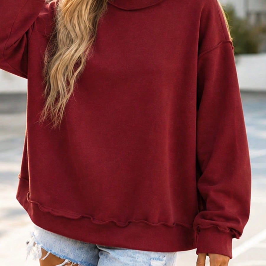 Boho Retro 60's Cotton MixOversize Drop Shoulder Reversible Mock Neck Sweatshirt