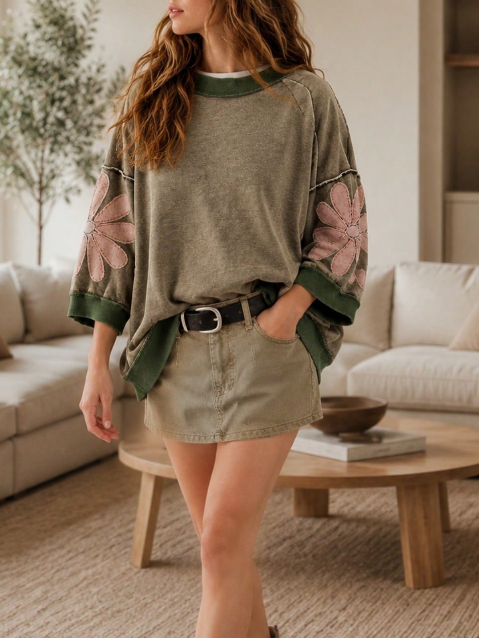 Boho Retro Cotton Mix  Drop Shoulder Mineral Acid Washed Oversized  Raw Seam Patchwork Flower Patched 3/4 Sleeve Oversize Top