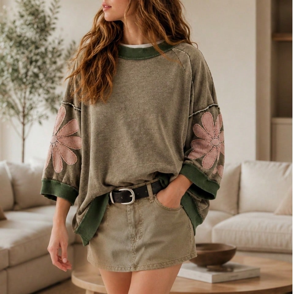 Boho Retro Cotton Mix  Drop Shoulder Mineral Acid Washed Oversized  Raw Seam Patchwork Flower Patched 3/4 Sleeve Oversize Top