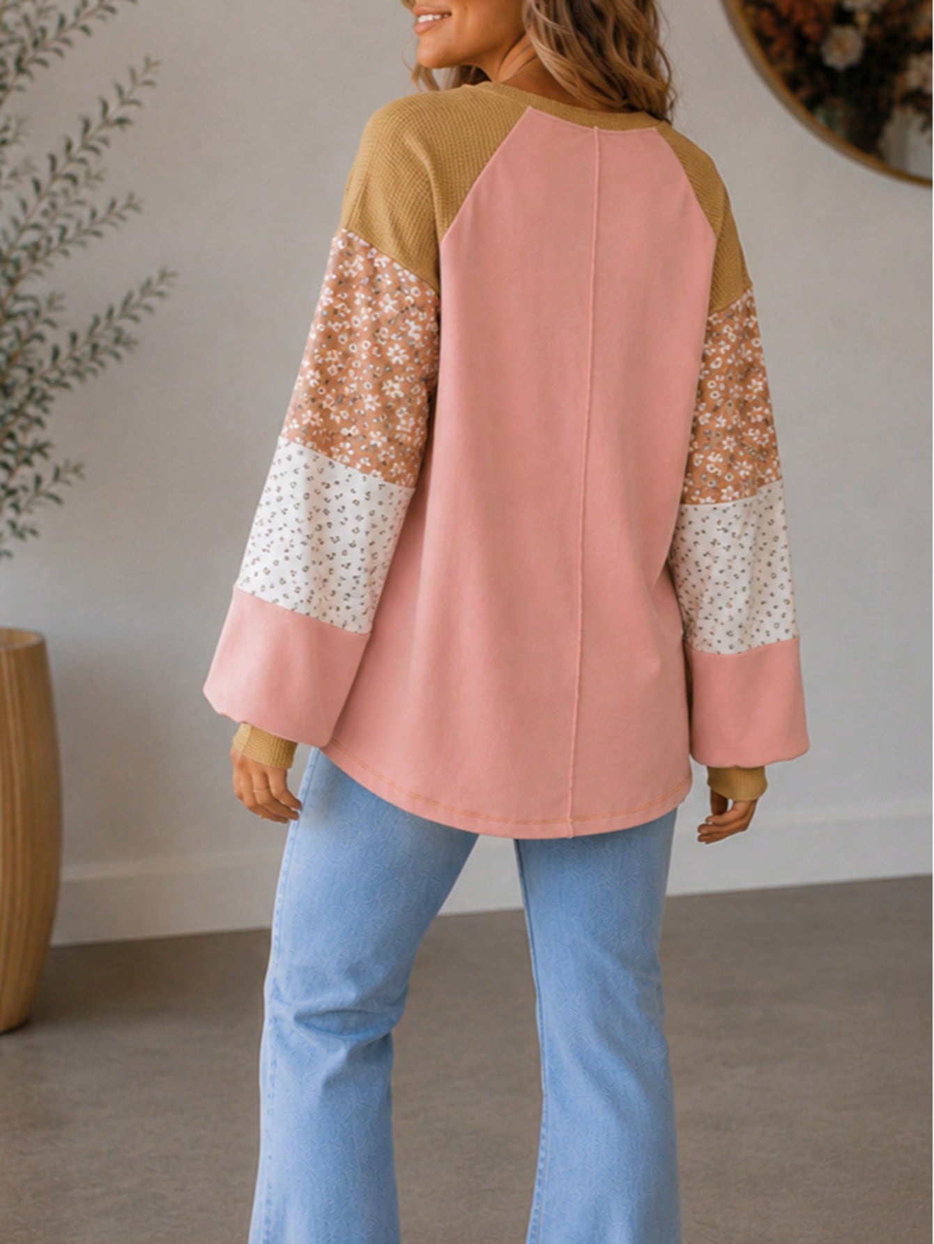 Boho Retro Vintage 60's Vibe Pink Cotton Raglan Lantern Bubble Puff  Sleeve  Floral Top