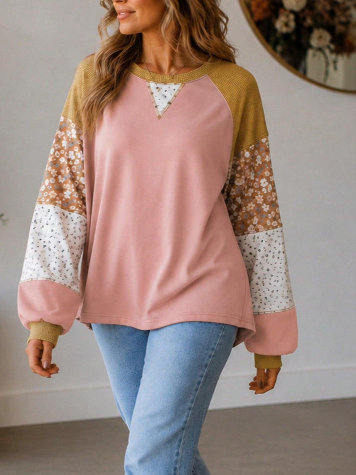 Boho Retro Vintage 60's Vibe Pink Cotton Raglan Lantern Bubble Puff  Sleeve  Floral Top