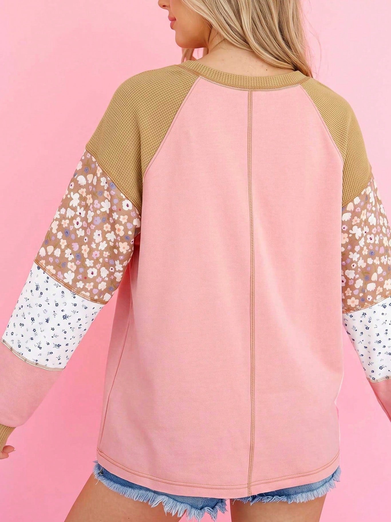 Boho Retro Vintage 60's Vibe Pink Cotton Raglan Lantern Bubble Puff  Sleeve  Floral Top