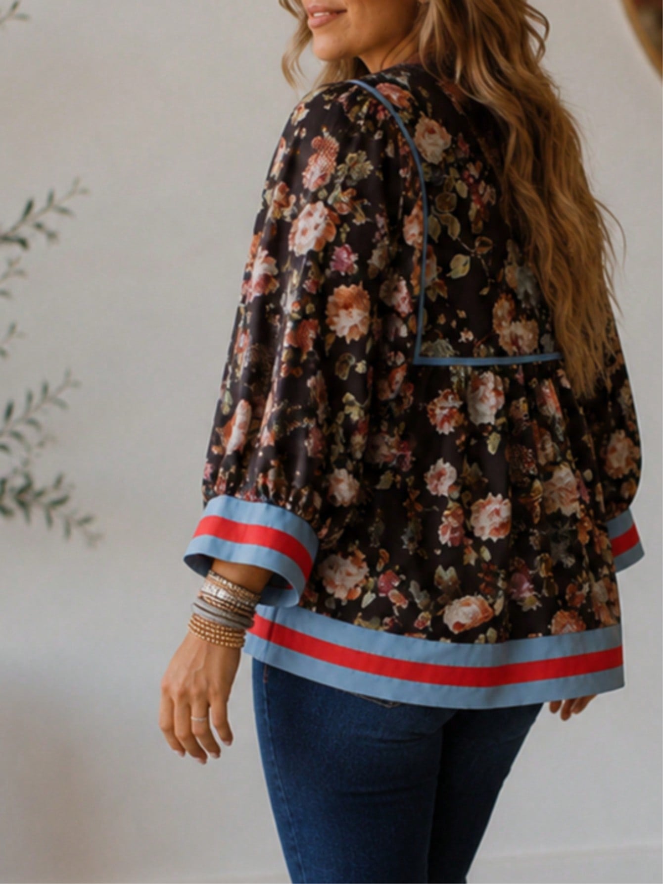 Boho Retro Floral Panel Cotton V Neck Half Sleeve Loose Top Shirt Blouse