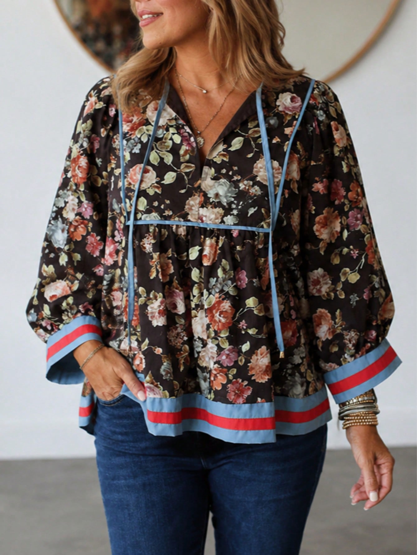 Boho Retro Floral Panel Cotton V Neck Half Sleeve Loose Top Shirt Blouse