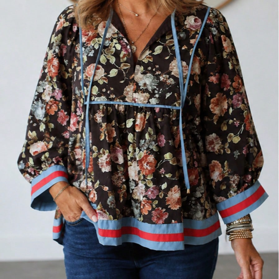 Boho Retro Floral Panel Cotton V Neck Half Sleeve Loose Top Shirt Blouse