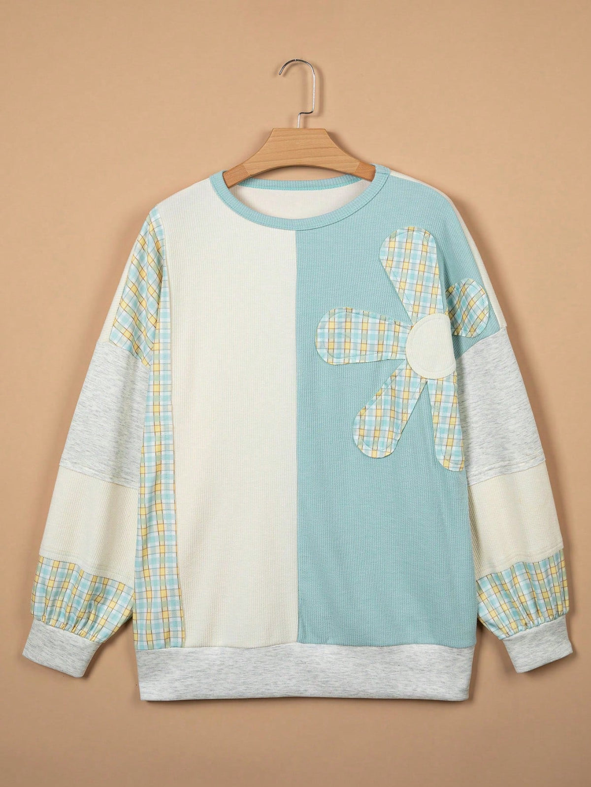 Boho Retro Floral Patch Oversized Bishop Sleeve Textured Pocket  Knit Top Sweat Shirt Pullover