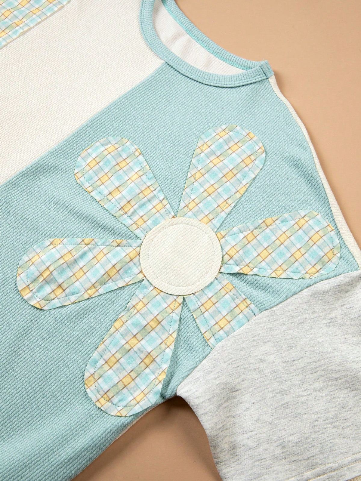 Boho Retro Floral Patch Oversized Bishop Sleeve Textured Pocket  Knit Top Sweat Shirt Pullover