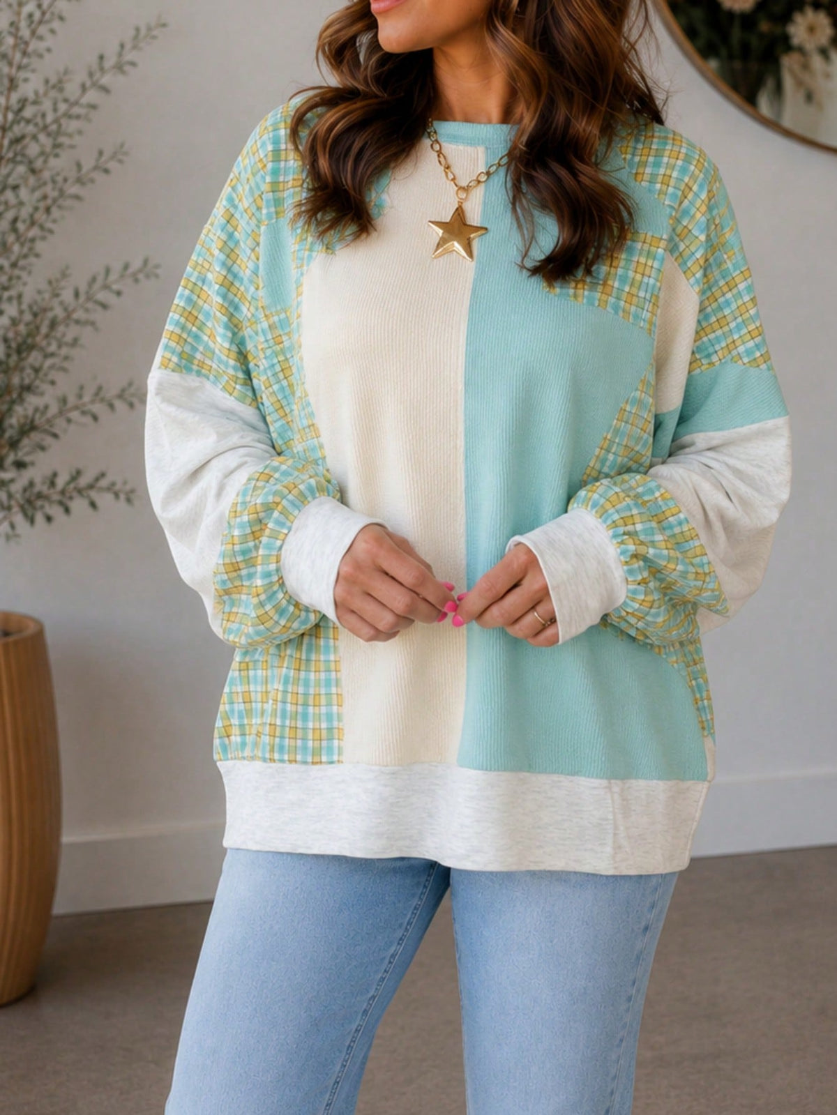 Boho Retro Floral Patch Oversized Bishop Sleeve Textured Pocket  Knit Top Sweat Shirt Pullover
