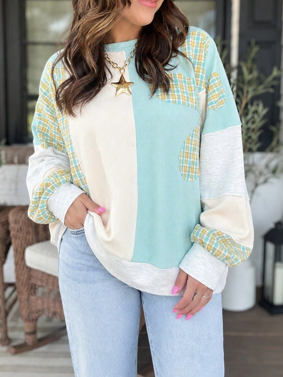 Boho Retro Floral Patch Oversized Bishop Sleeve Textured Pocket  Knit Top Sweat Shirt Pullover