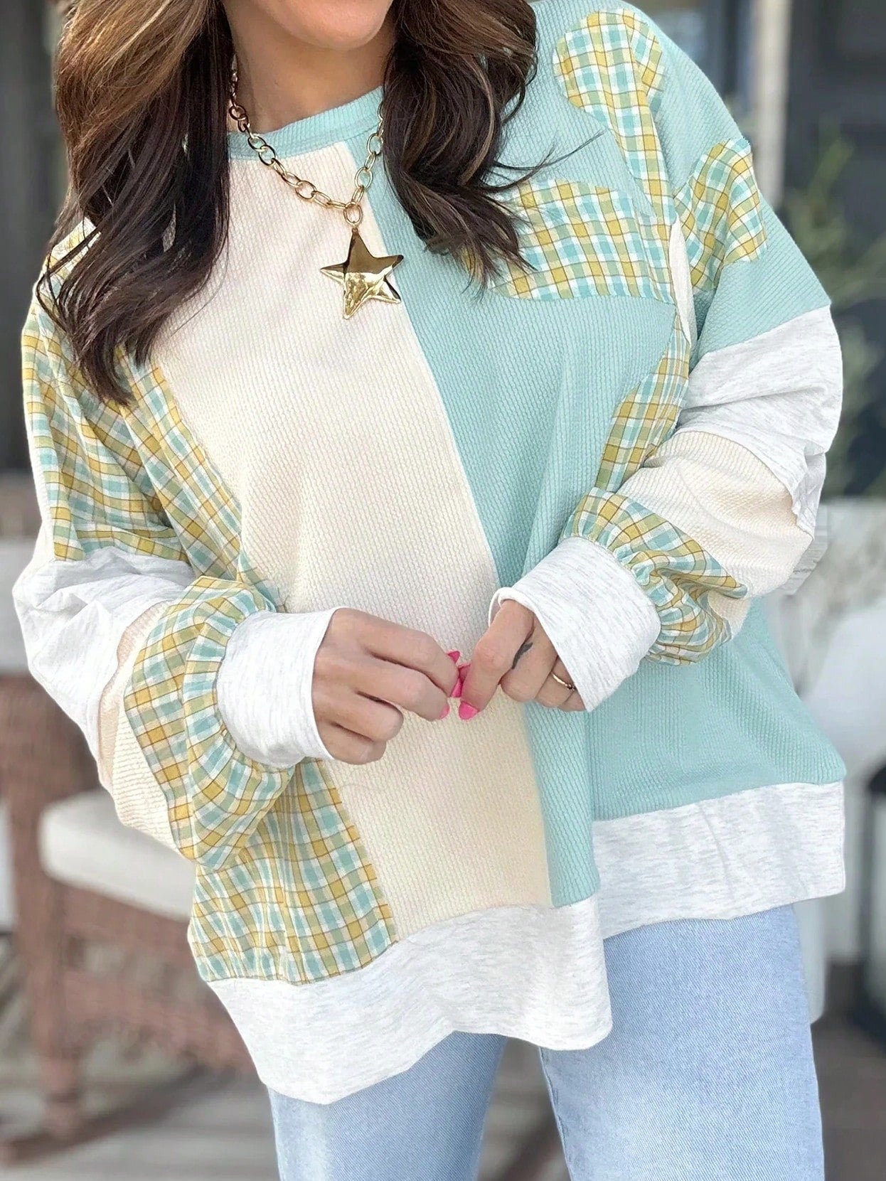 Boho Retro Floral Patch Oversized Bishop Sleeve Textured Pocket  Knit Top Sweat Shirt Pullover