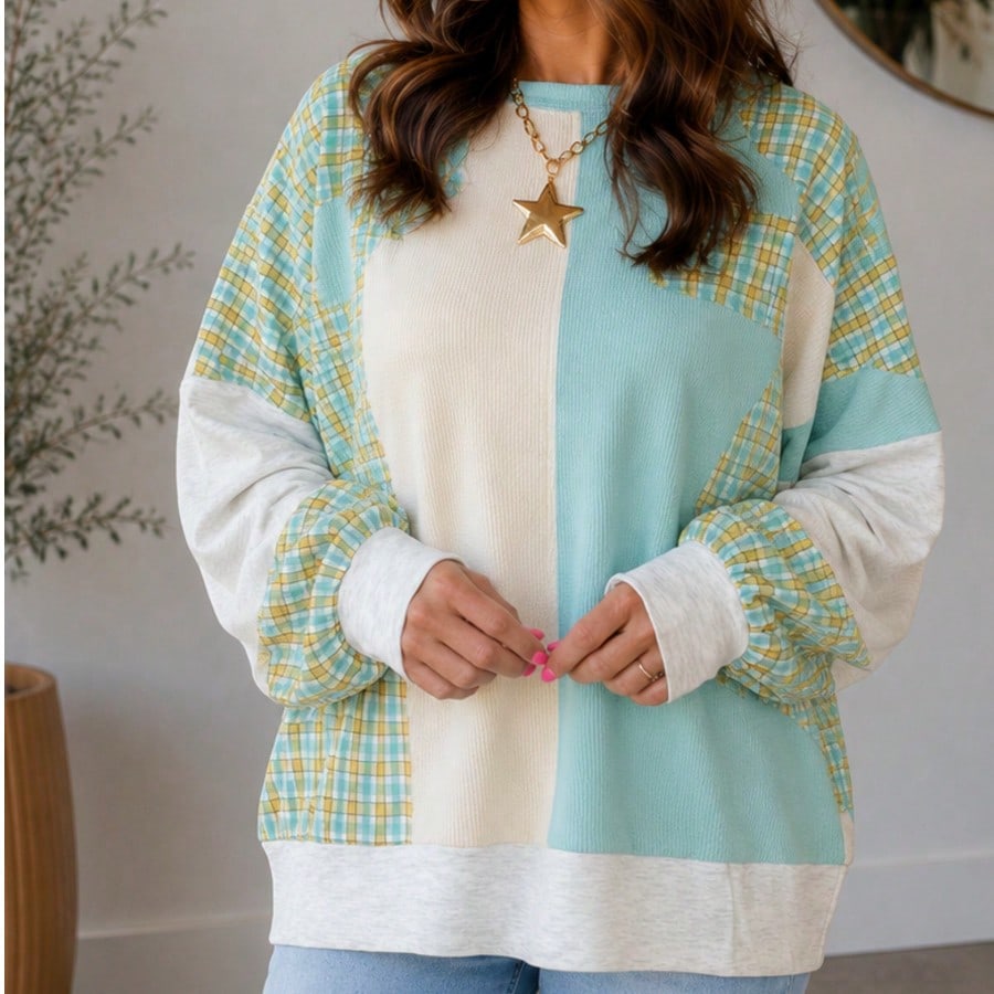 Boho Retro Floral Patch Oversized Bishop Sleeve Textured Pocket  Knit Top Sweat Shirt Pullover