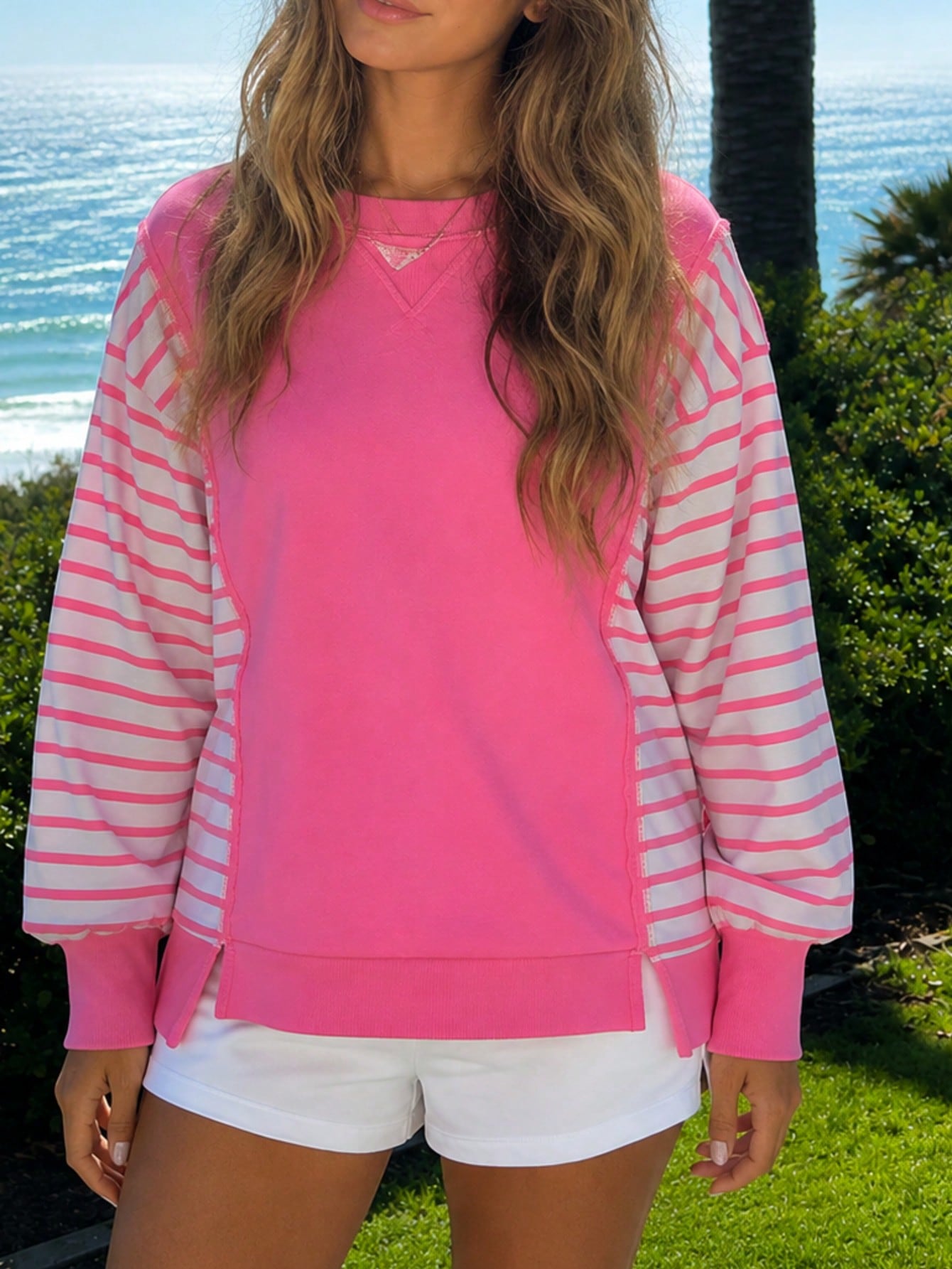 Boho Retro Drop Shoulder Oversized Bishop Sleeve Side Slit Knit Top Sweatshirt Pullover