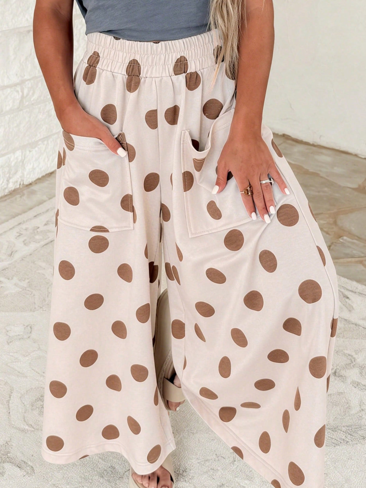 Pocket Polka Dot  Wide Leg Lounge Vintage Charcoal Navy Black Sage Log Pants Small To 3 XL Plus