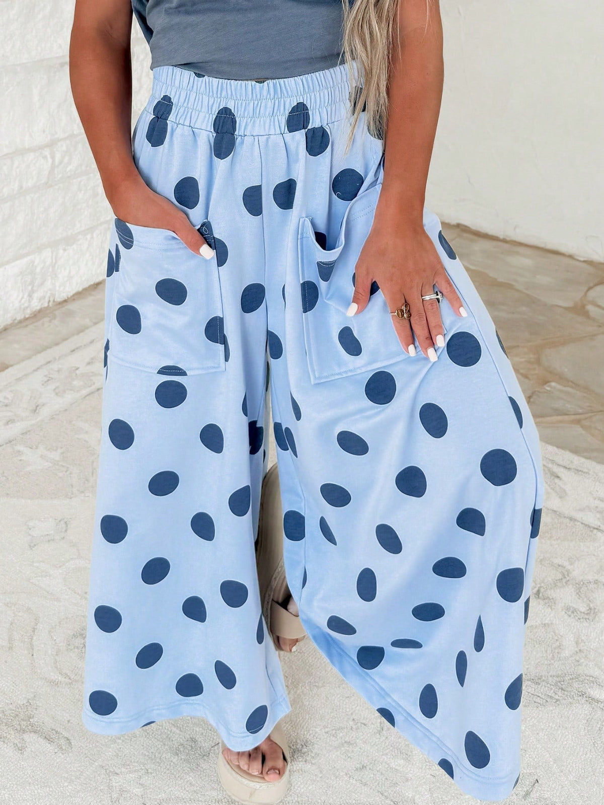 Pocket Polka Dot  Wide Leg Lounge Vintage Charcoal Navy Black Sage Log Pants Small To 3 XL Plus