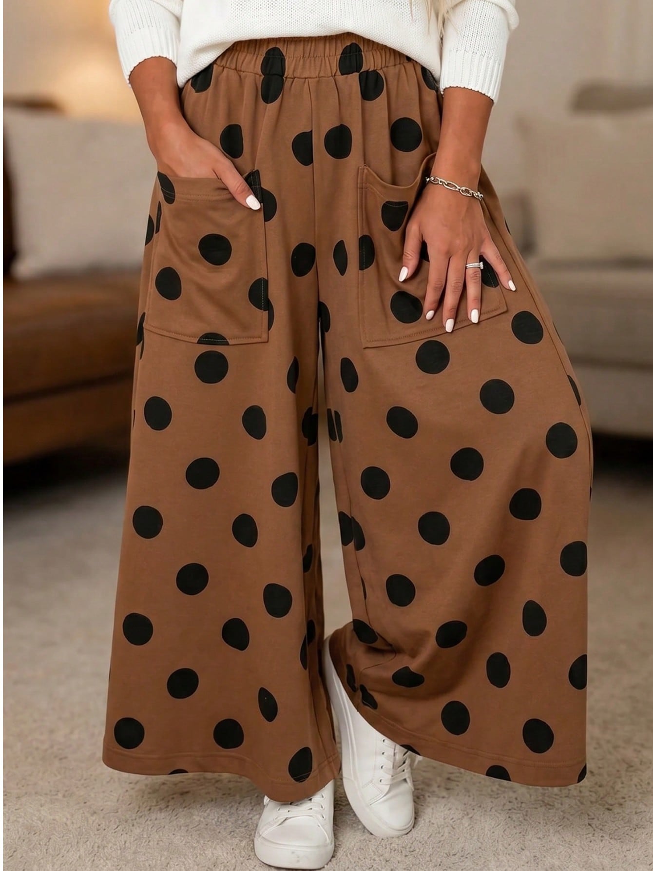 Pocket Polka Dot  Wide Leg Lounge Vintage Charcoal Navy Black Sage Log Pants Small To 3 XL Plus