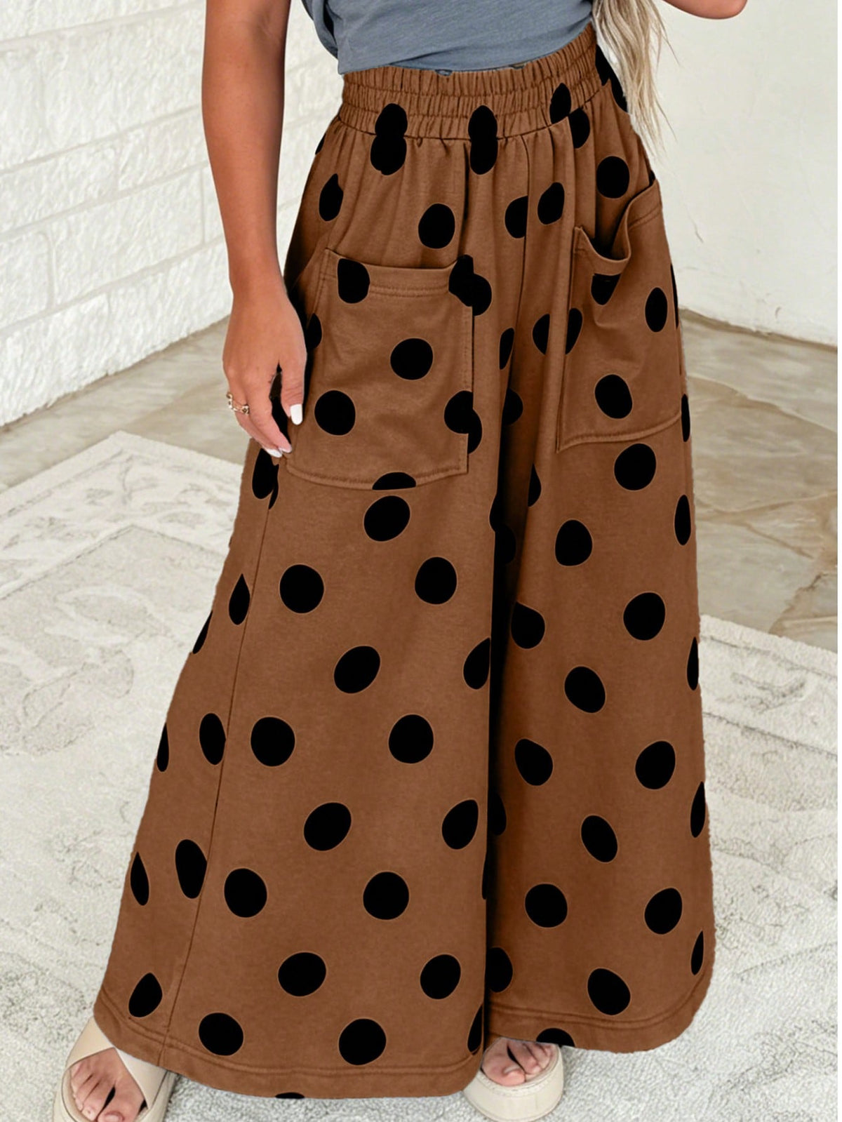 Pocket Polka Dot  Wide Leg Lounge Vintage Charcoal Navy Black Sage Log Pants Small To 3 XL Plus