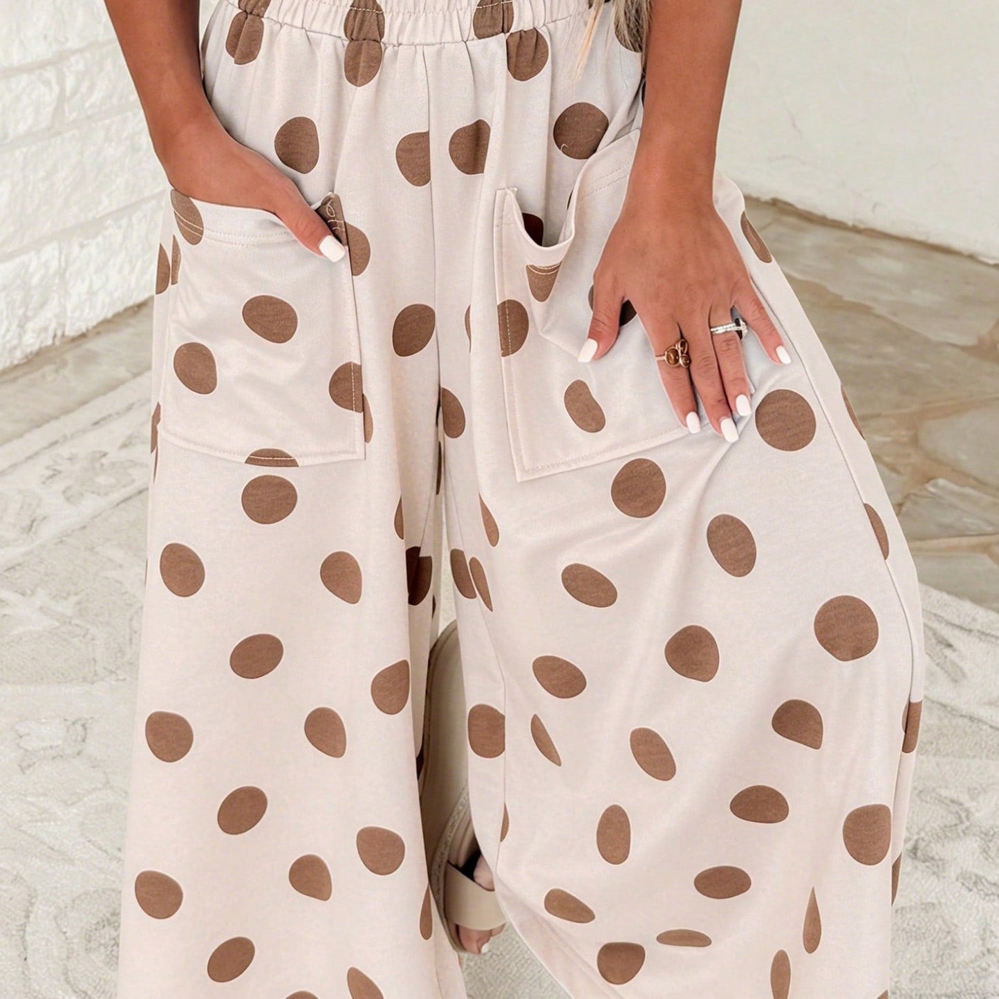 Pocket Polka Dot  Wide Leg Lounge Vintage Charcoal Navy Black Sage Log Pants Small To 3 XL Plus