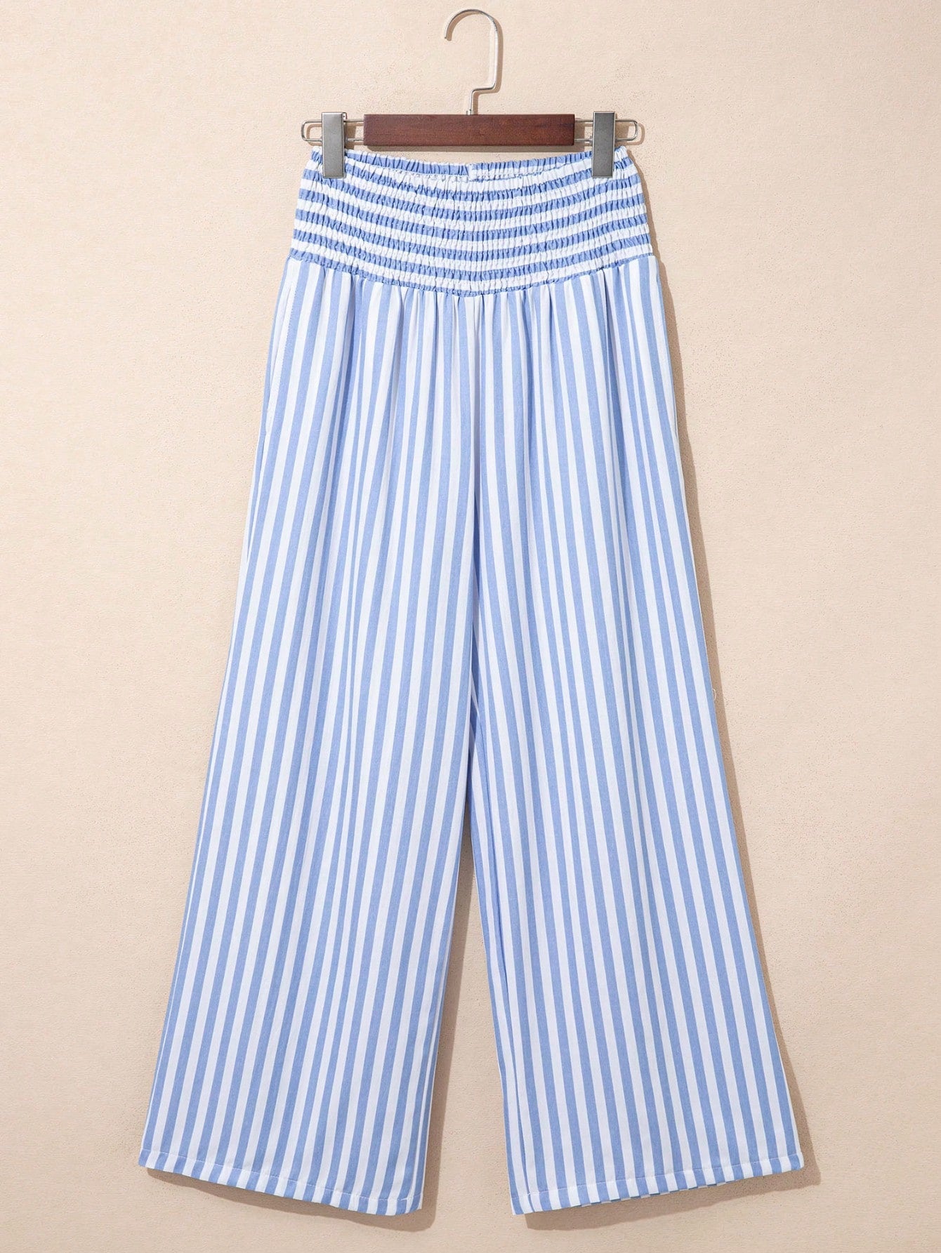 Boho Retro Blue Stripe Shirred High Waist Loos Band Wide Leg Lounge Pants