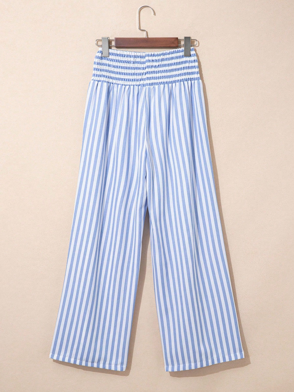 Boho Retro Blue Stripe Shirred High Waist Loos Band Wide Leg Lounge Pants