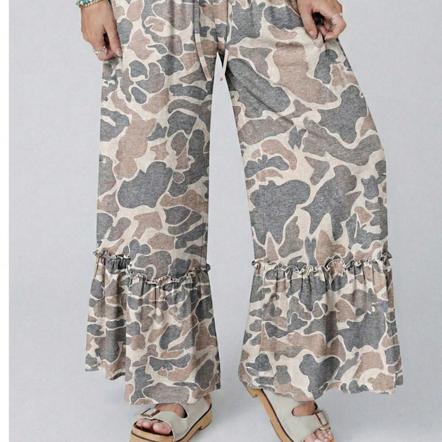 Tiered Camo Wide Leg  Draw String Soft Long Lounge Pants