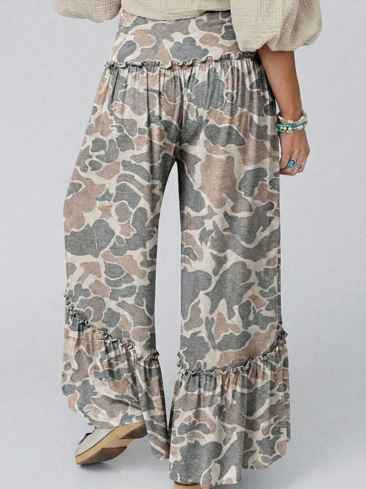 Tiered Camo Wide Leg  Draw String Soft Long Lounge Pants