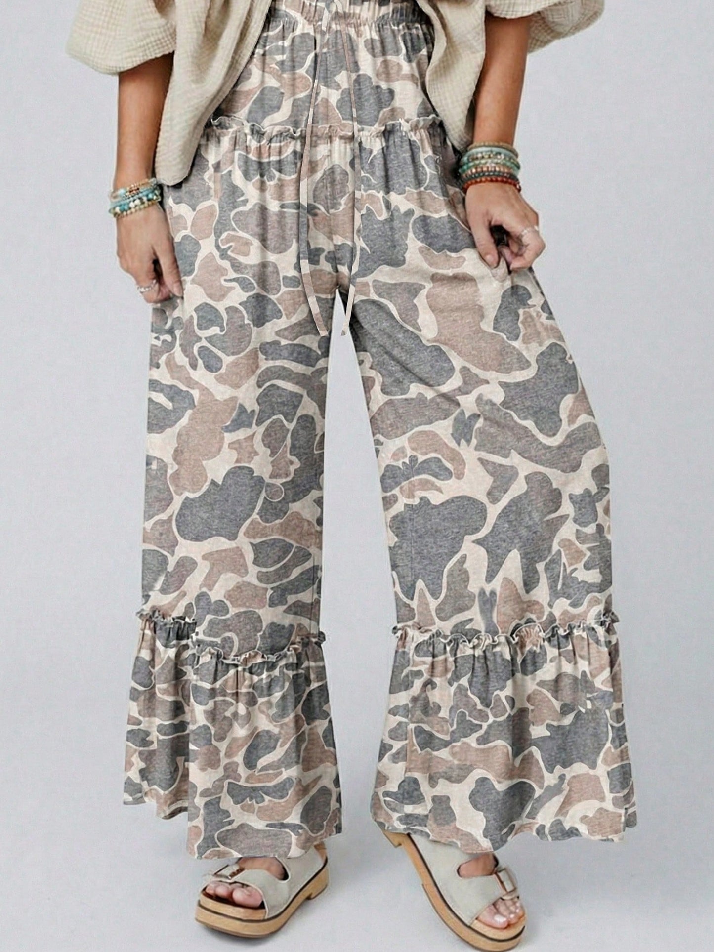 Tiered Camo Wide Leg  Draw String Soft Long Lounge Pants