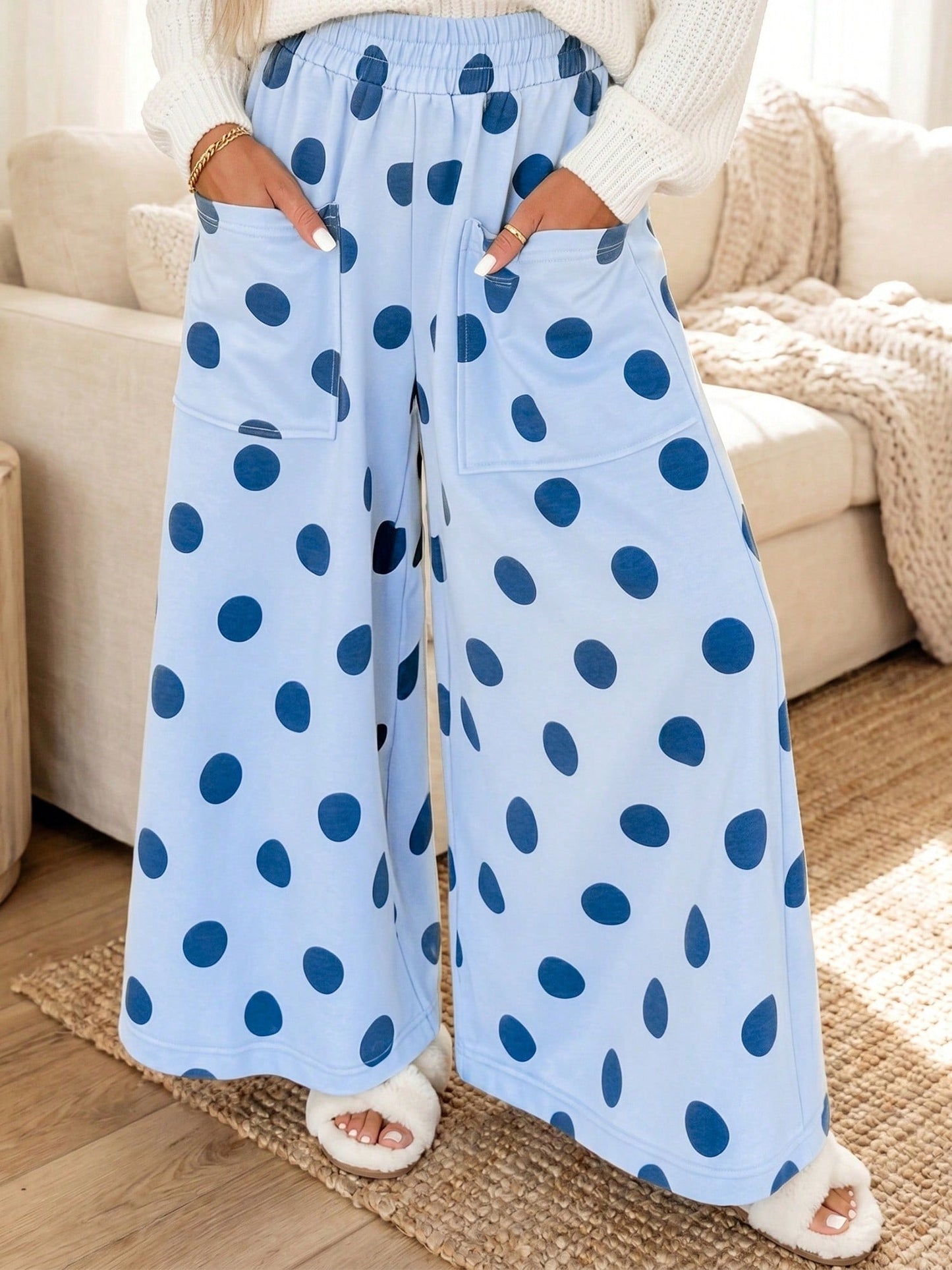 Pocket Polka Dot  Wide Leg Lounge Vintage Charcoal Navy Black Sage Log Pants Small To 3 XL Plus