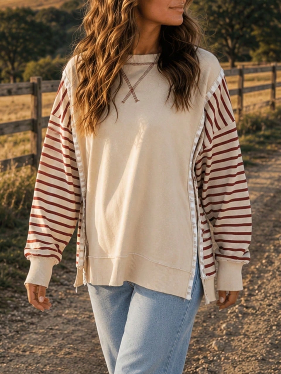 Boho Retro Drop Shoulder Oversized Bishop Sleeve Side Slit Knit Top Sweatshirt Pullover