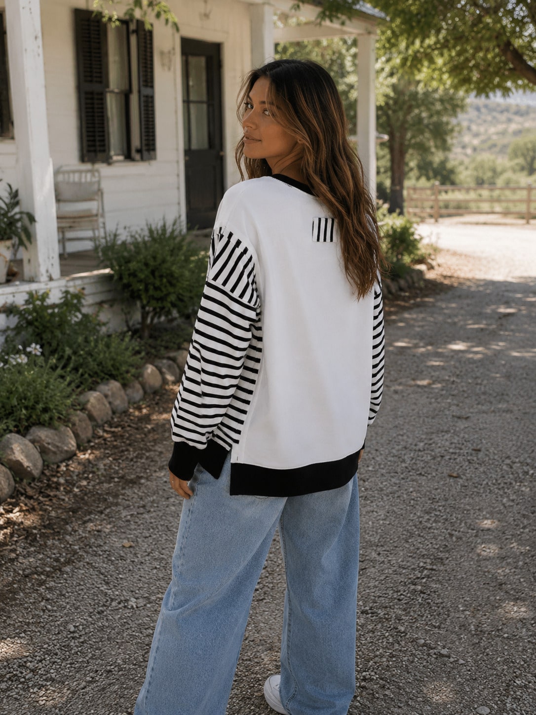Boho Retro Drop Shoulder Oversized Bishop Sleeve Side Slit Knit Top Sweatshirt Pullover