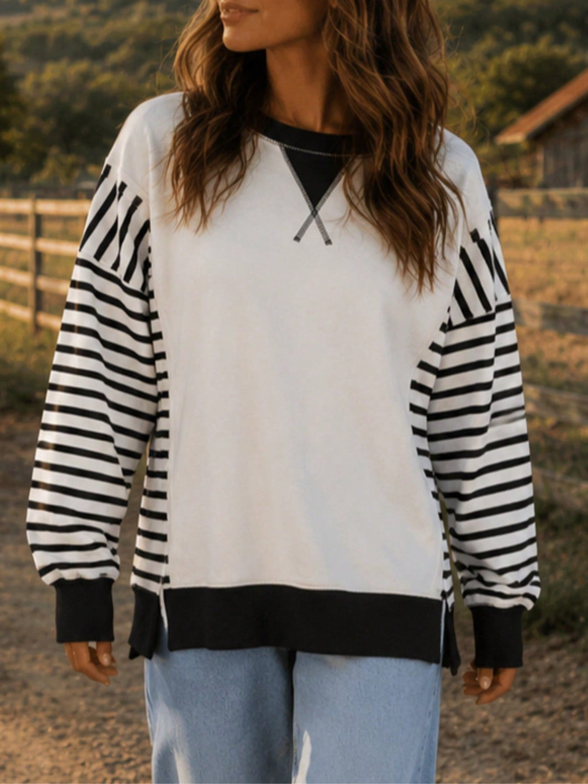 Boho Retro Drop Shoulder Oversized Bishop Sleeve Side Slit Knit Top Sweatshirt Pullover