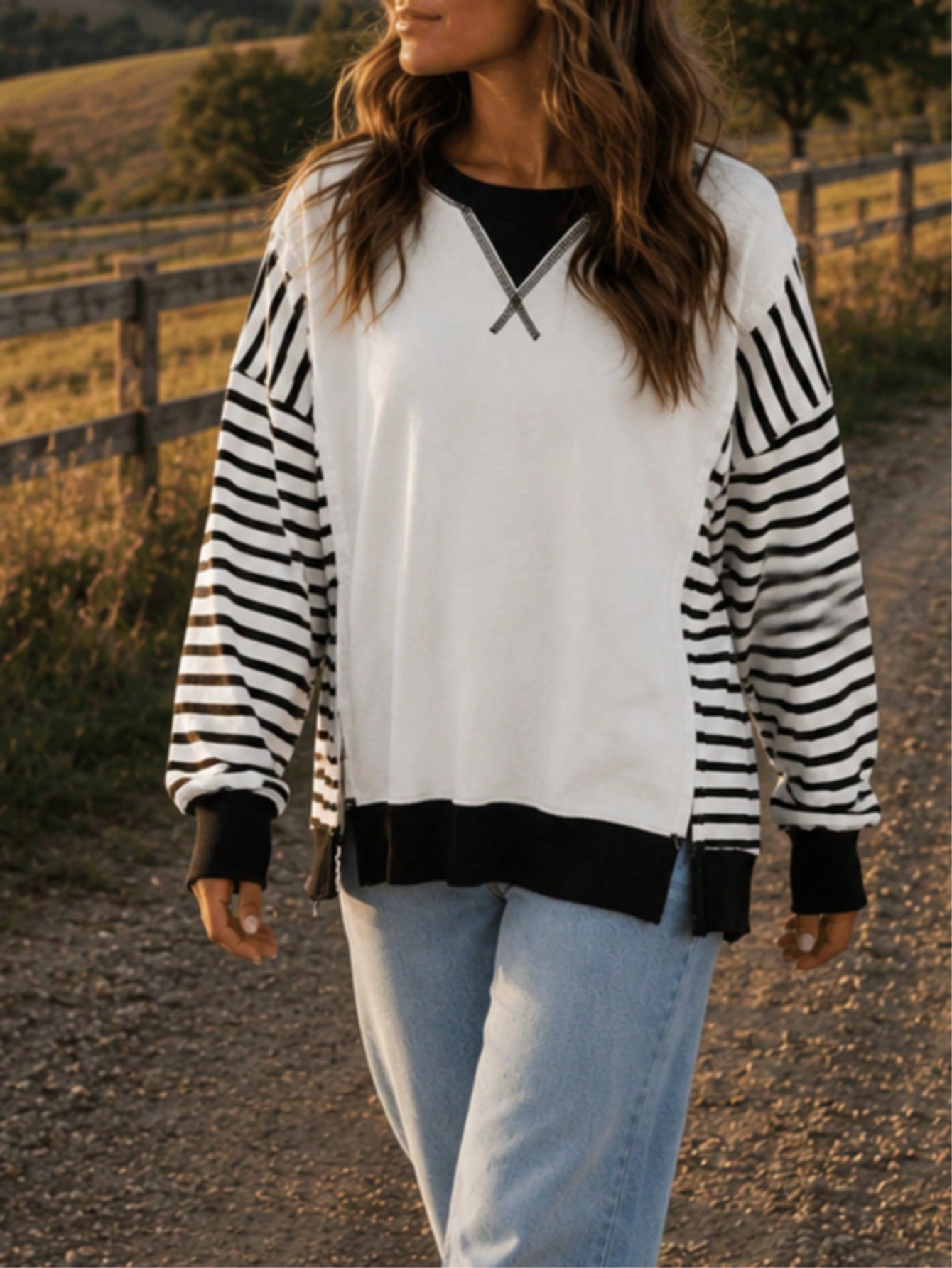Boho Retro Drop Shoulder Oversized Bishop Sleeve Side Slit Knit Top Sweatshirt Pullover