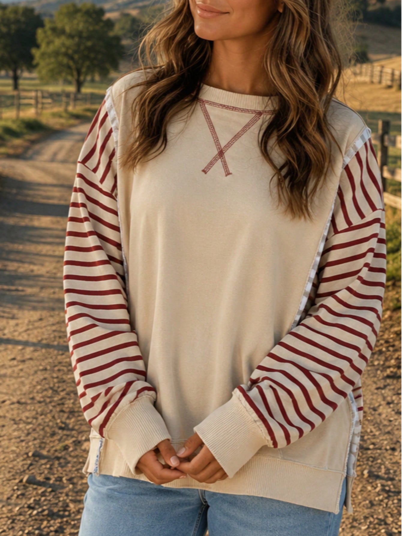 Boho Retro Drop Shoulder Oversized Bishop Sleeve Side Slit Knit Top Sweatshirt Pullover