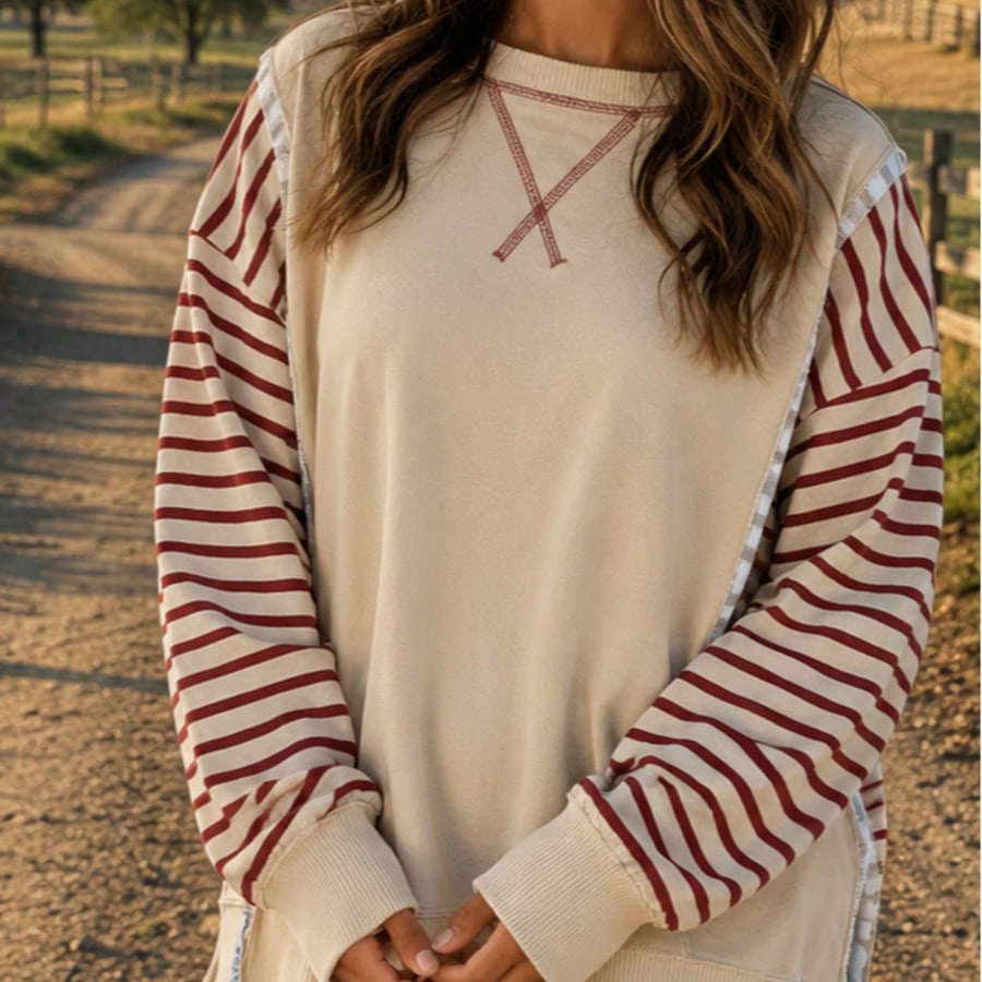 Boho Retro Drop Shoulder Oversized Bishop Sleeve Side Slit Knit Top Sweatshirt Pullover