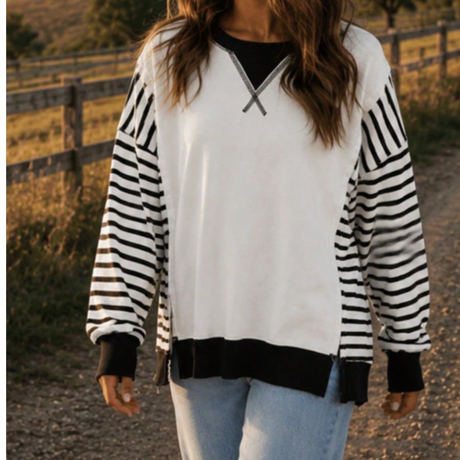 Boho Retro Drop Shoulder Oversized Bishop Sleeve Side Slit Knit Top Sweatshirt Pullover