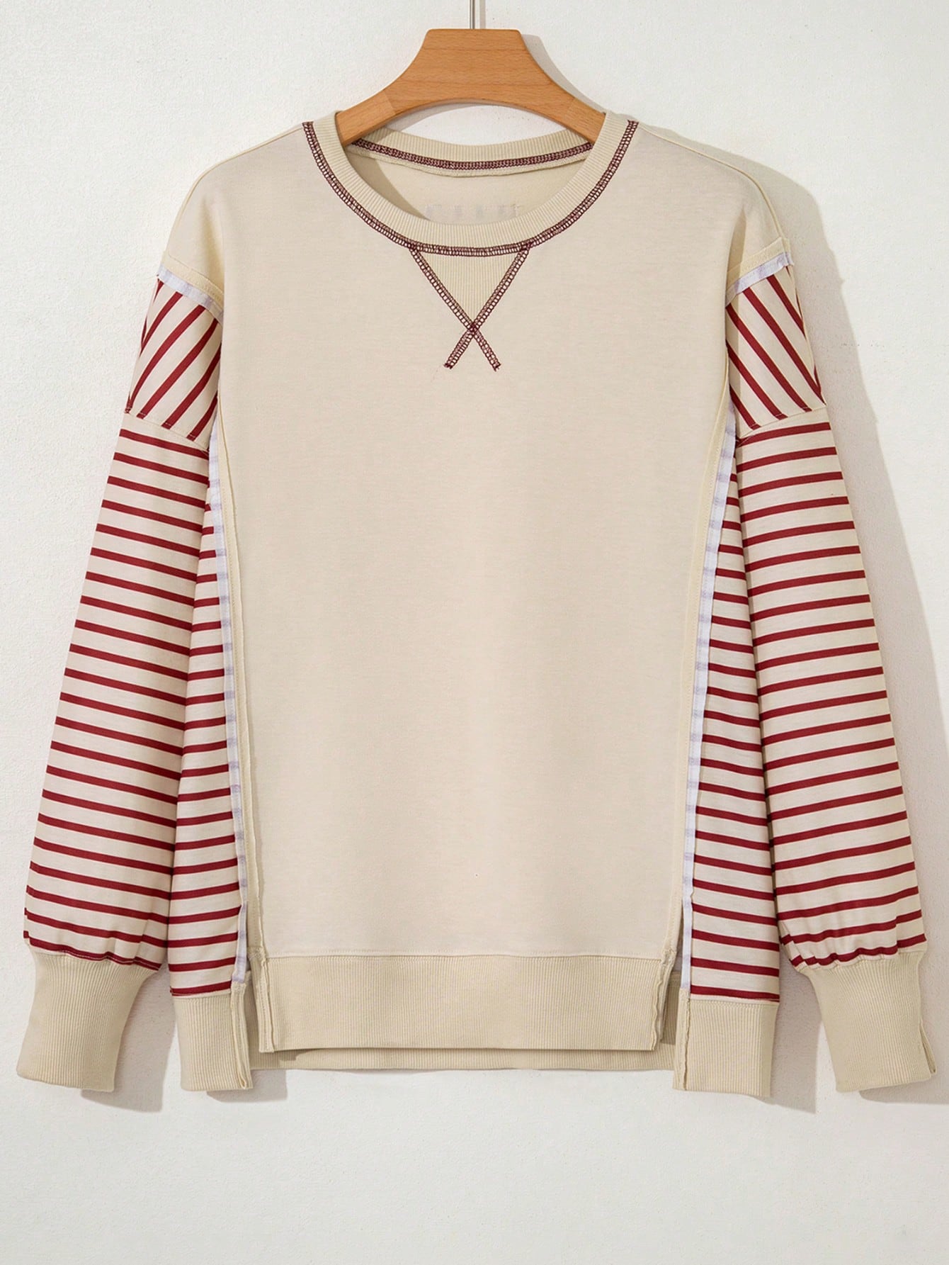 Boho Retro Drop Shoulder Oversized Bishop Sleeve Side Slit Knit Top Sweatshirt Pullover