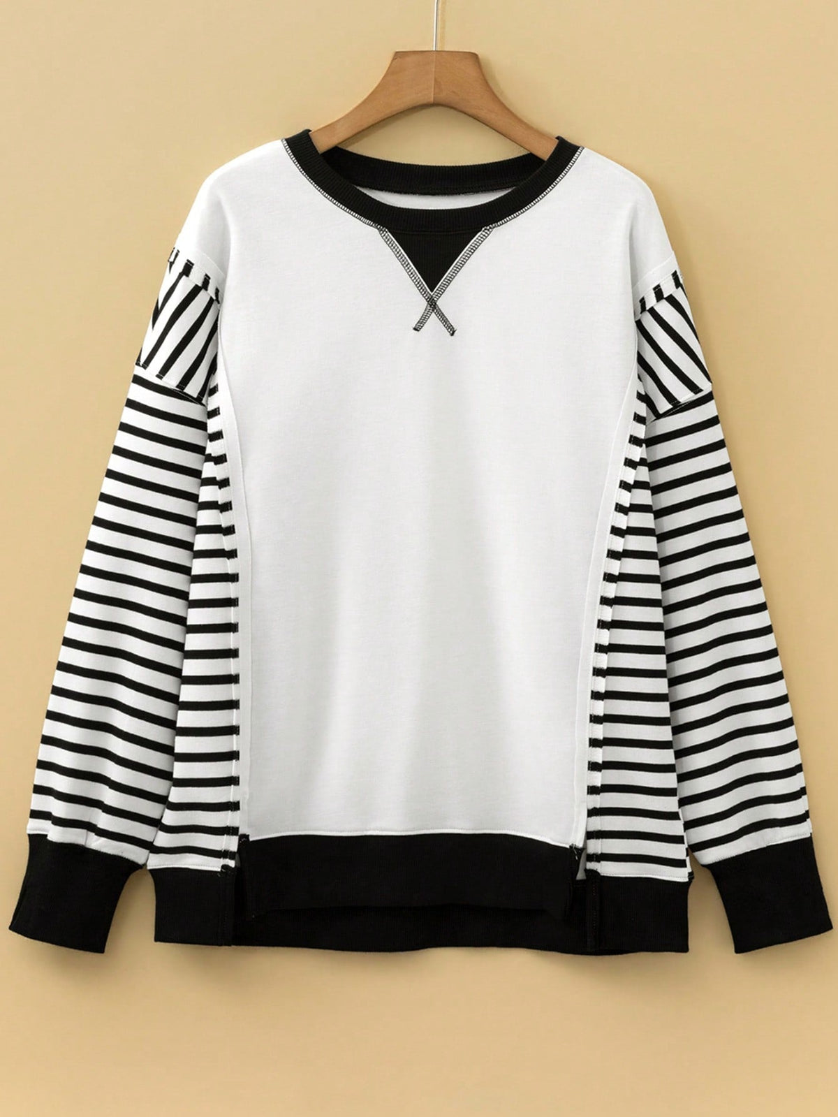 Boho Retro Drop Shoulder Oversized Bishop Sleeve Side Slit Knit Top Sweatshirt Pullover