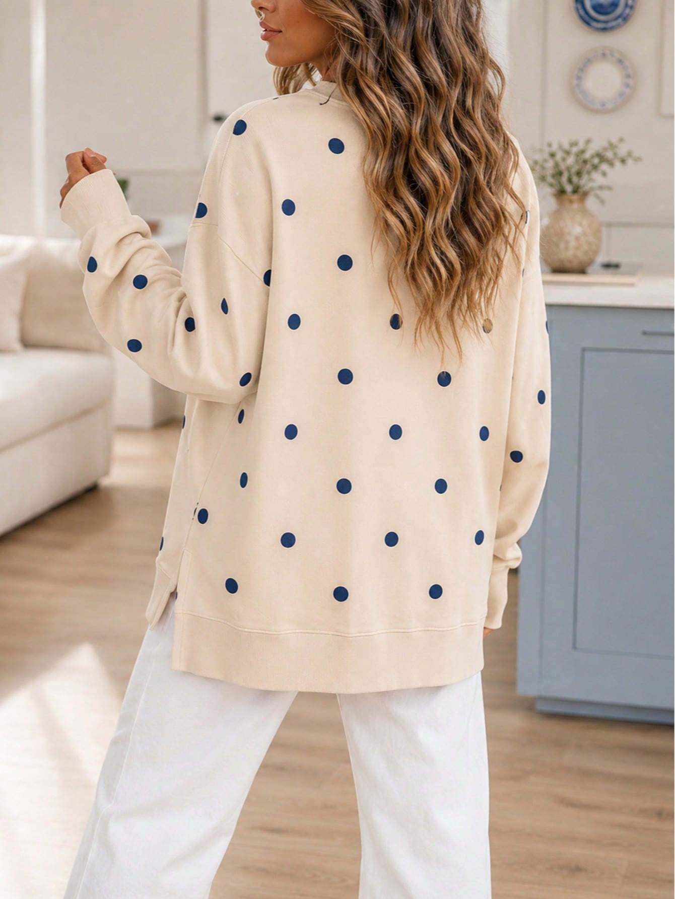 Boho Retro 90's Mix Dot  Drop Shoulder Stripe Raglan Oversized Side Slit Top  Sweatshirt Pullover