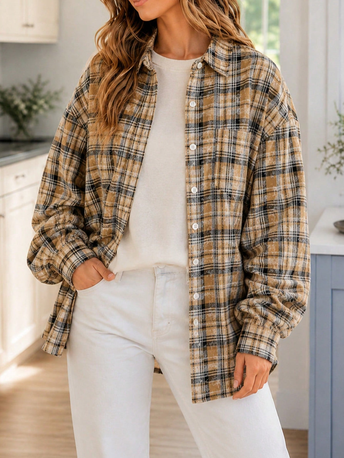 Boho Retro Cotton Mineral Wash  Plaid Corduroy Button Patchwork Pocket Loose  Oversized Shacket Cardigan Shirt
