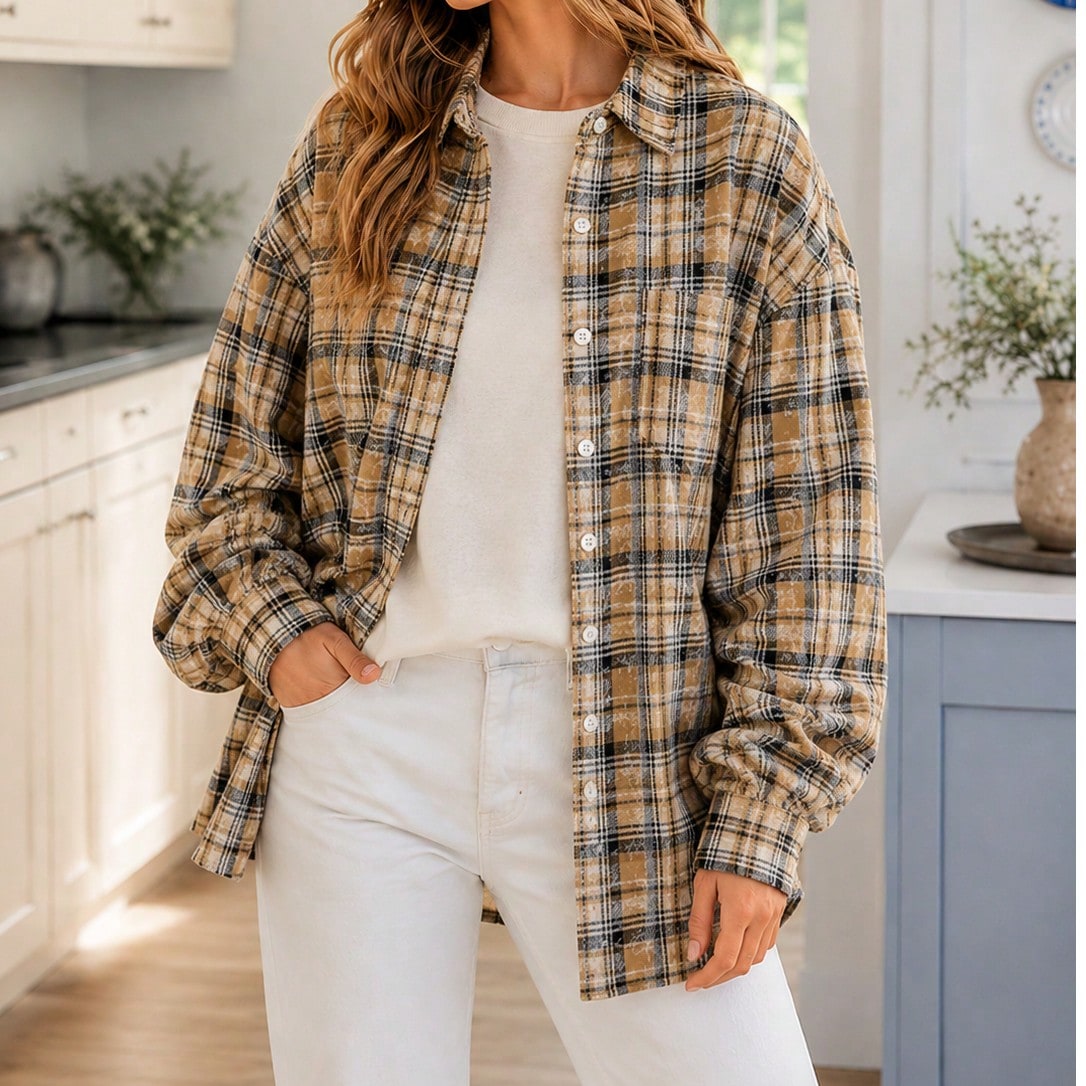 Boho Retro Cotton Mineral Wash  Plaid Corduroy Button Patchwork Pocket Loose  Oversized Shacket Cardigan Shirt