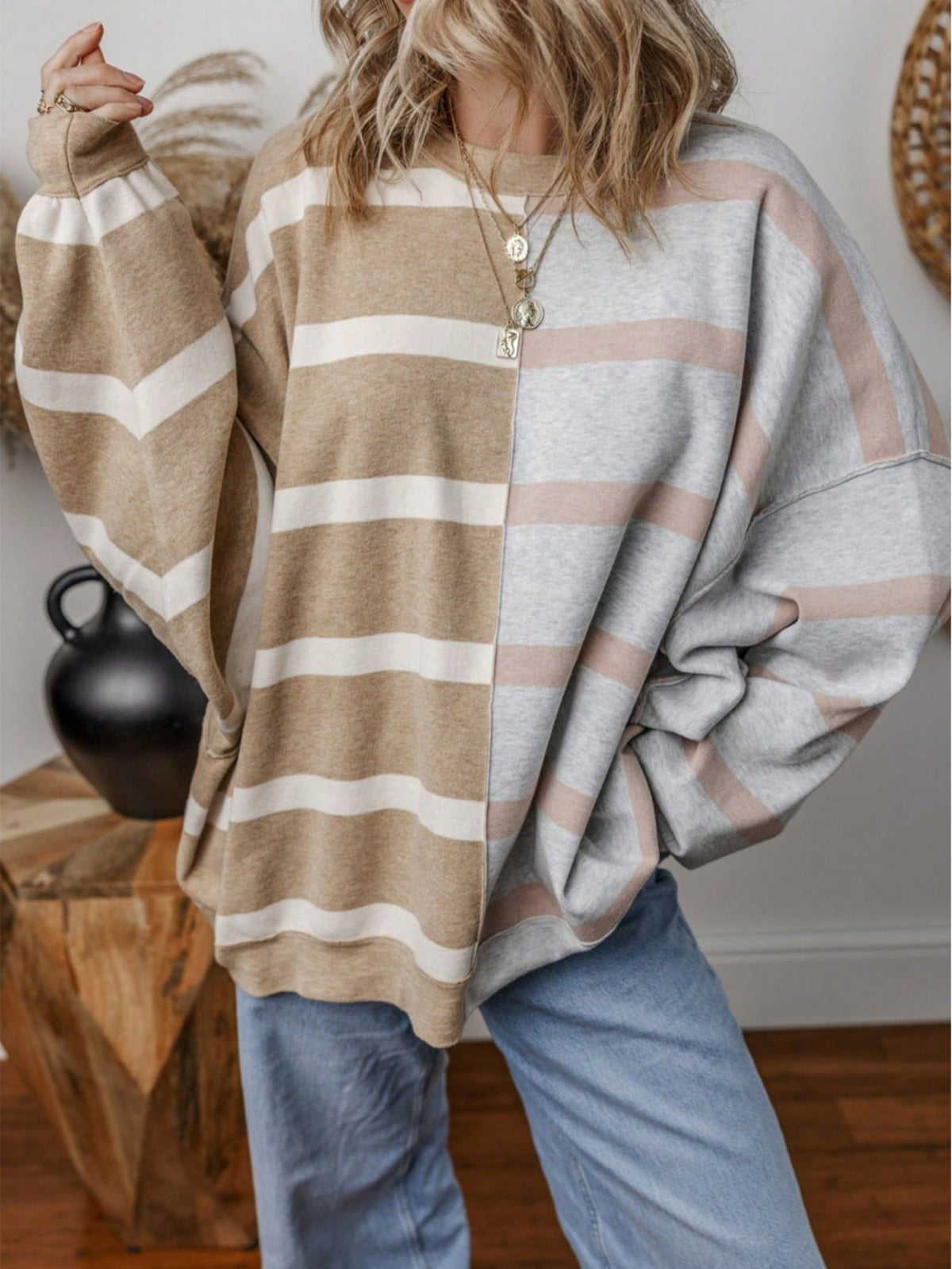 Boho Retro Vintage Viscose 90's  Pink Stripe Knit  Drop Shoulder Blue  Puff Bishop Sleeve  Sweater Knit Top Pullover