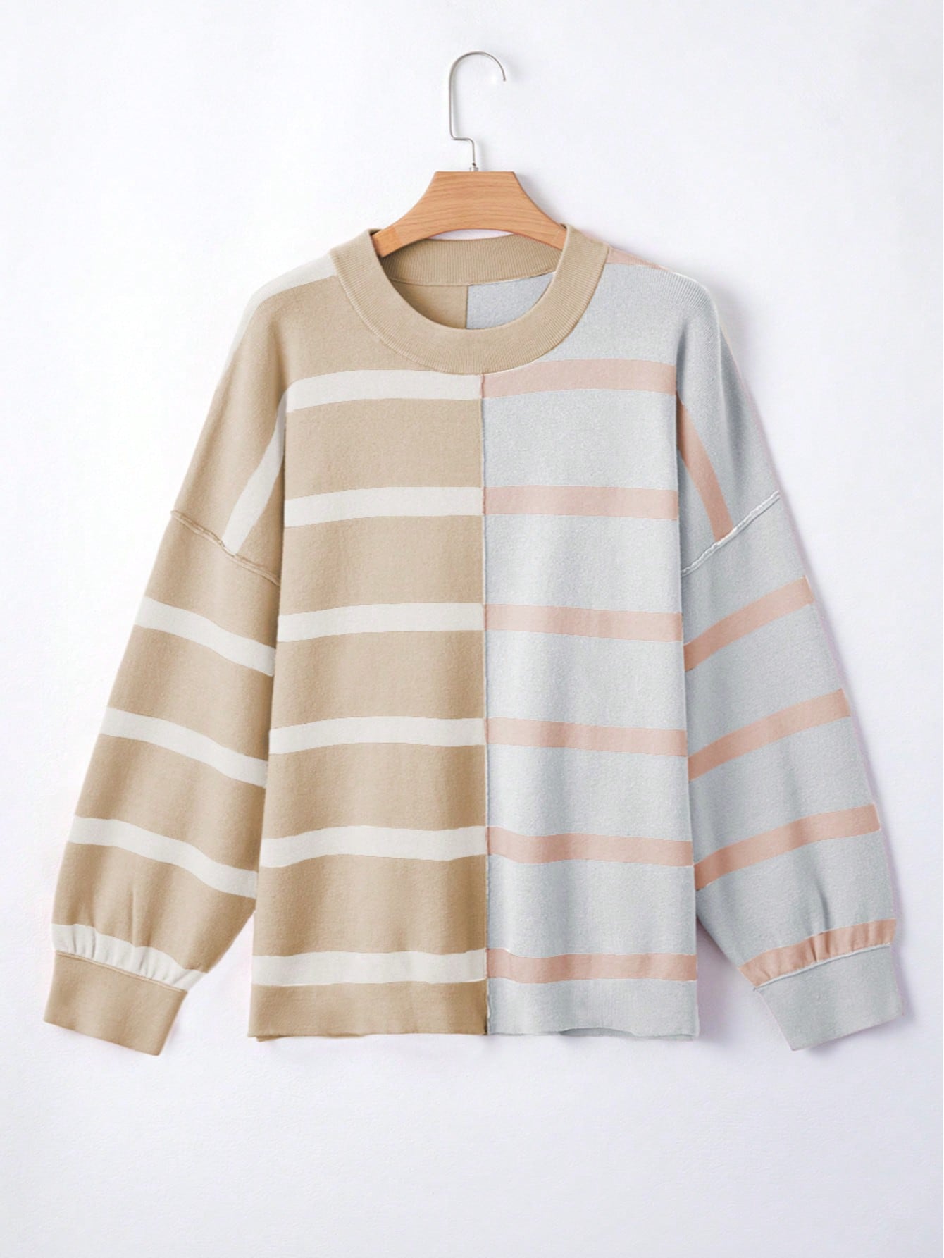 Boho Retro Vintage Viscose 90's  Pink Stripe Knit  Drop Shoulder Blue  Puff Bishop Sleeve  Sweater Knit Top Pullover