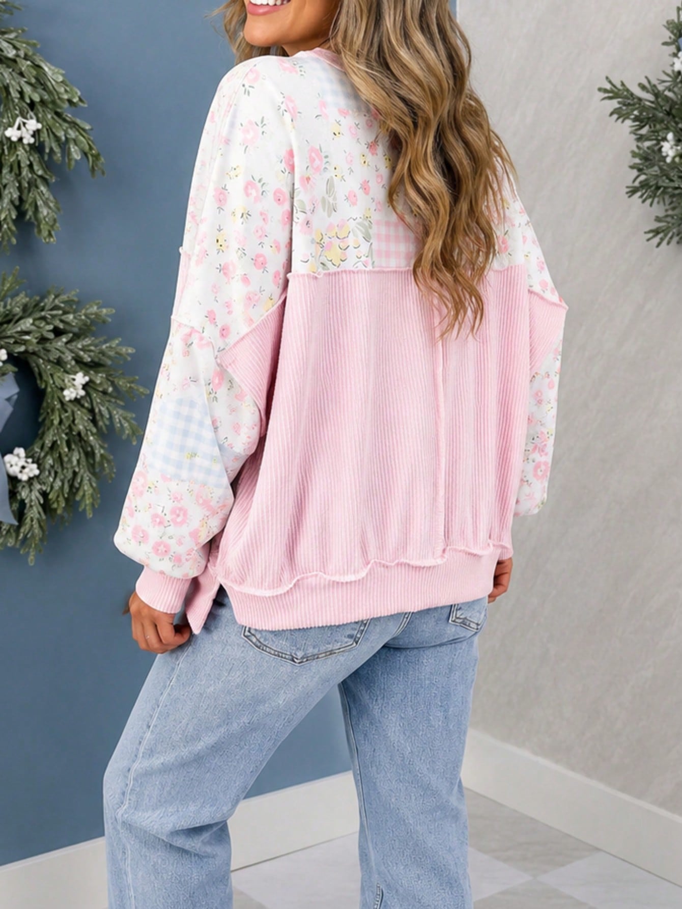 Boho Retro  Floral Color Block Patch Ribbed Knit Long Sleeve Top Pull Over
