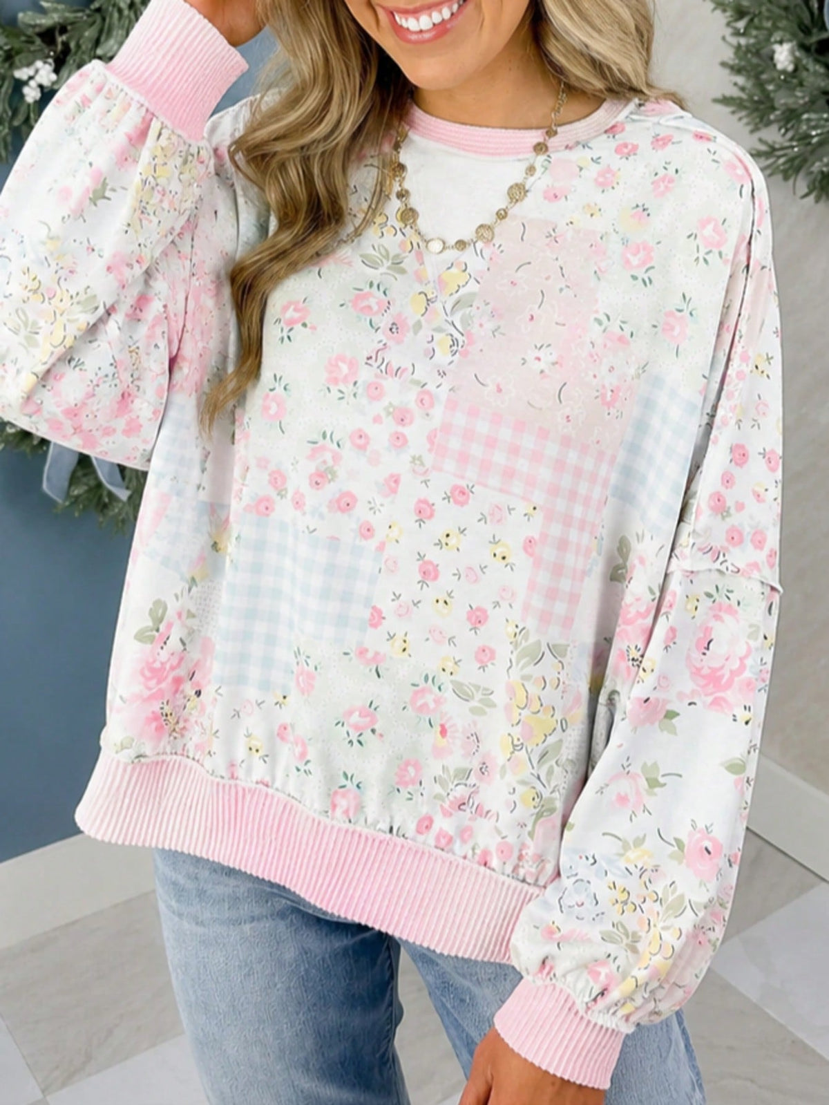 Boho Retro  Floral Color Block Patch Ribbed Knit Long Sleeve Top Pull Over