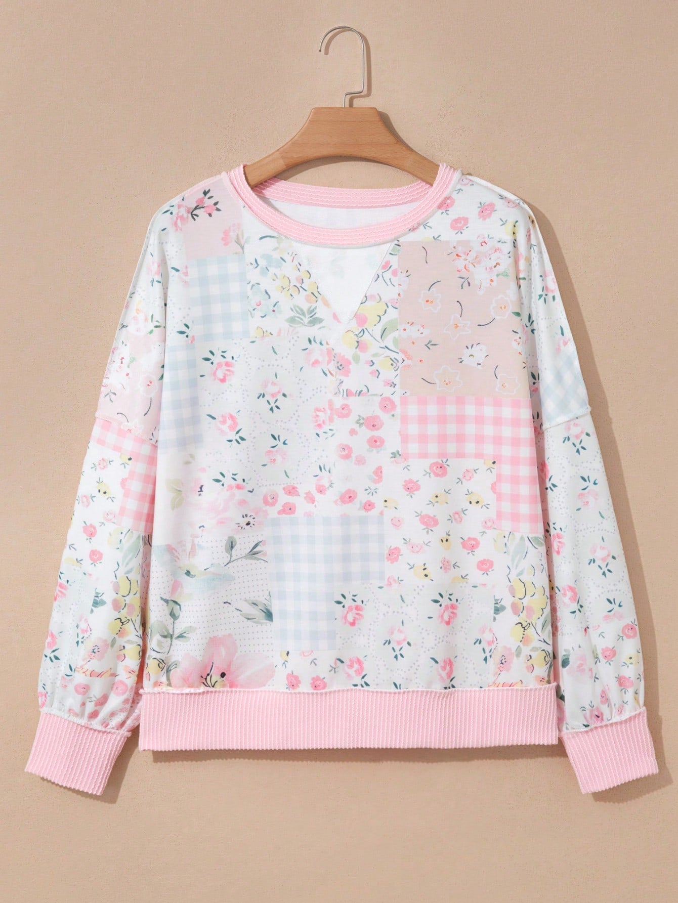 Boho Retro  Floral Color Block Patch Ribbed Knit Long Sleeve Top Pull Over